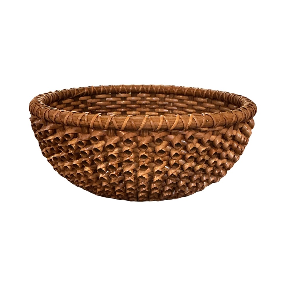Vintage Porcupine Curly Weave Wicker Basket Round Wood Base Brown 10.5 Inch Bowl - Picture 7 of 7